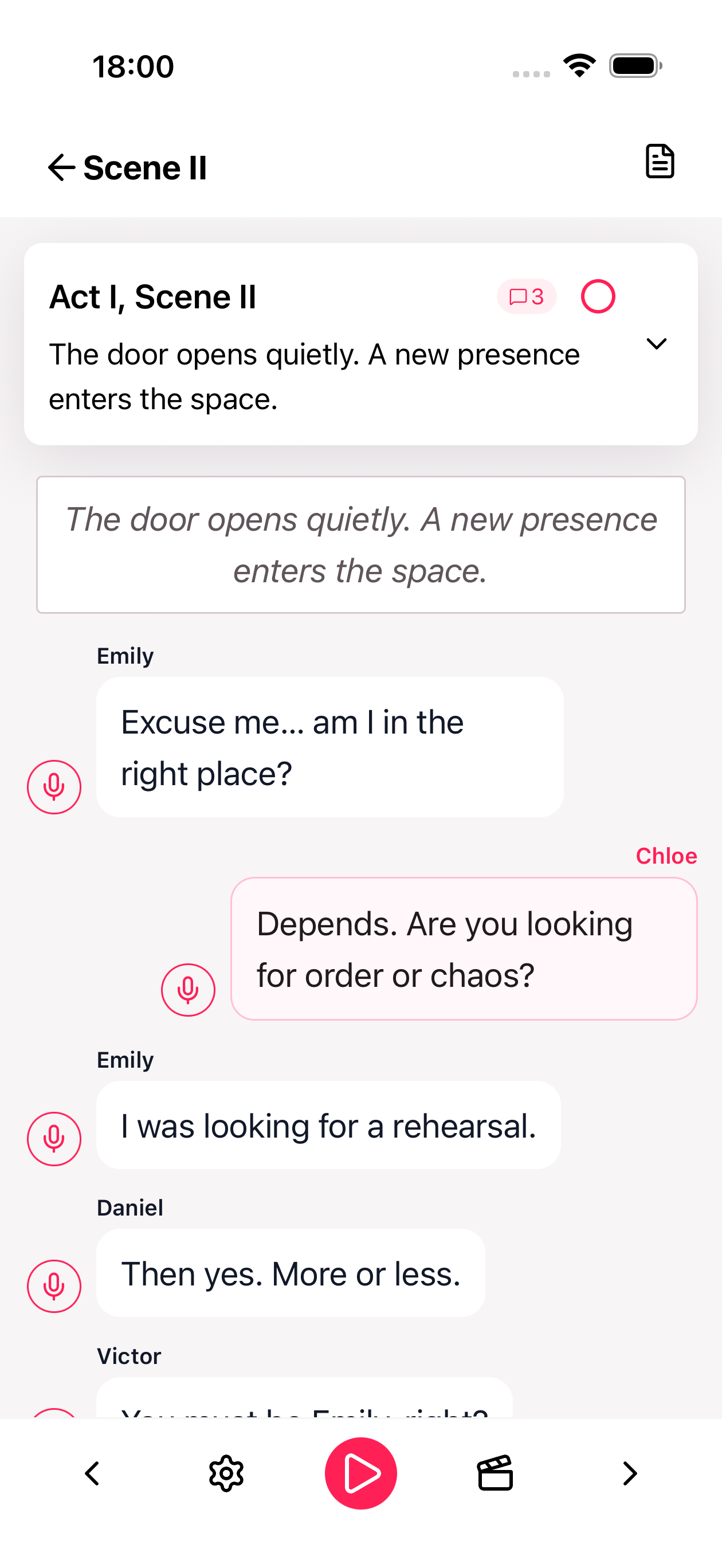 Act I, Scene II of the same script studied in the HitCue app, with Chloe's line highlighted